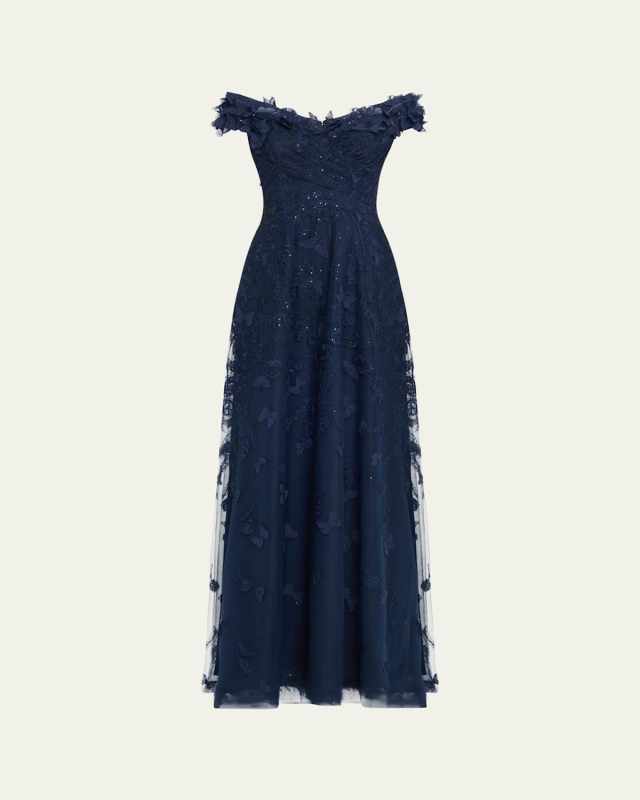 Off-Shoulder Floral-Embroidered Tulle Gown